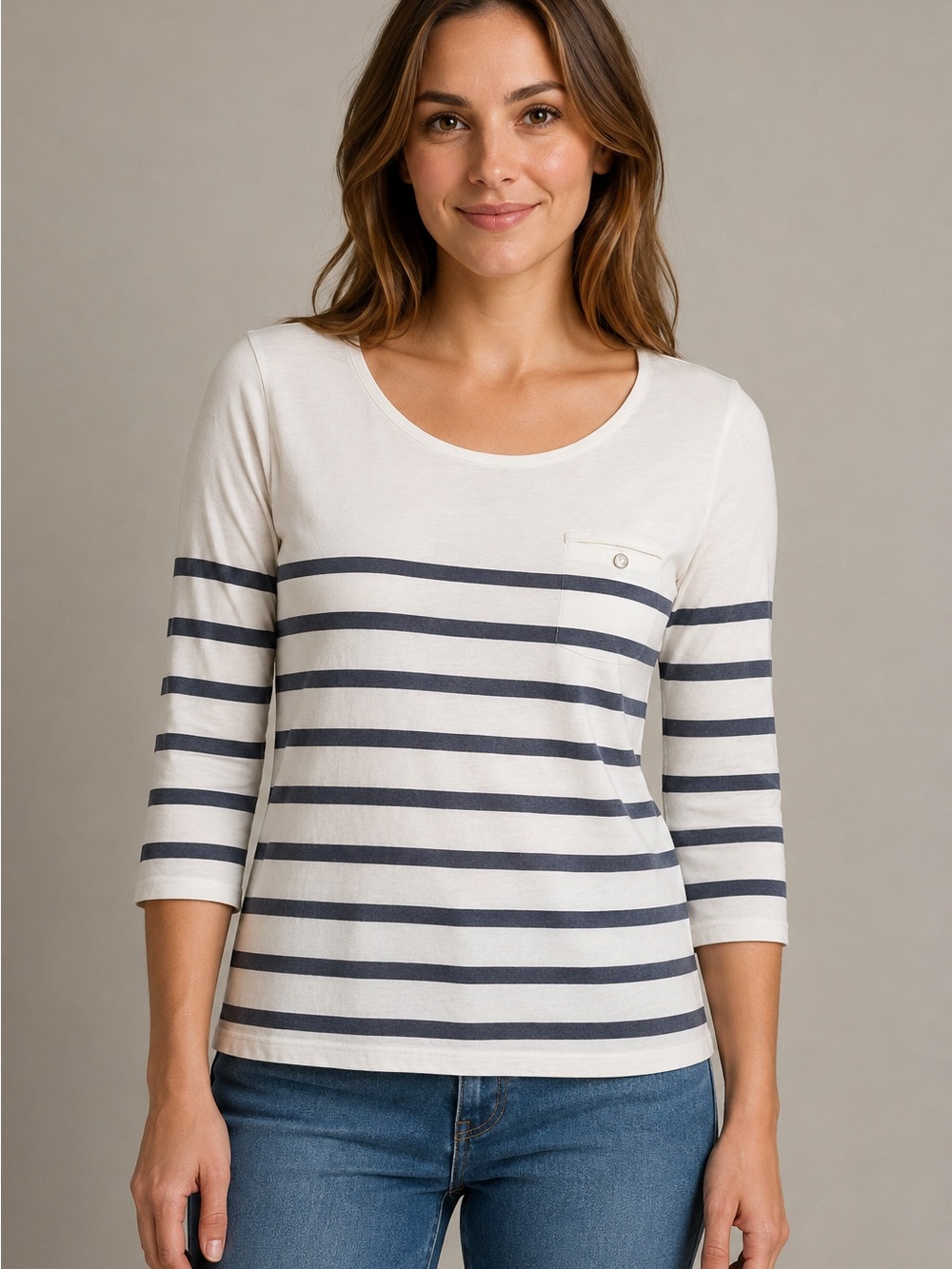 Liz Claiborne Top Womens Small Navy White Striped 3/4 Sleeve Cotton Scoop Neck